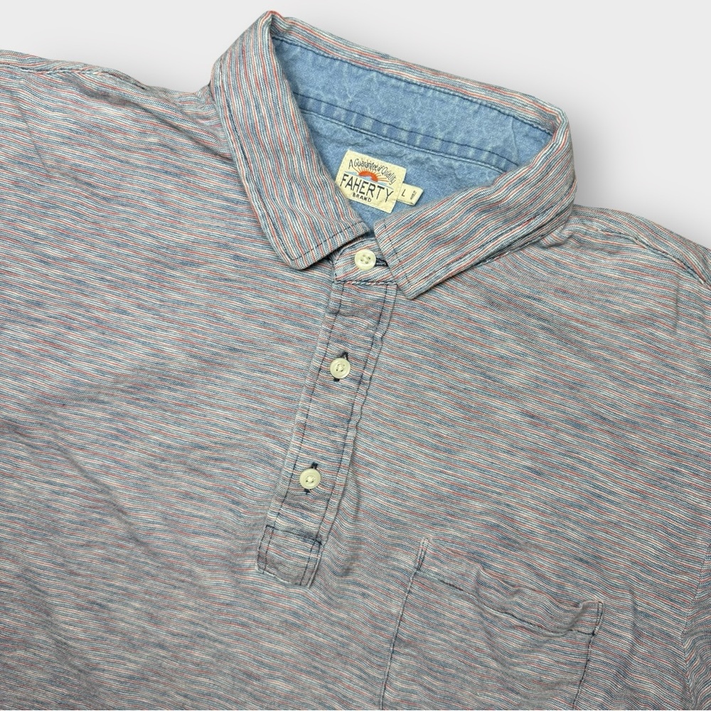 Faherty Men’s Large Striped Cotton‎ Polo Shirt Blue Red Pocket Short Sleeve
